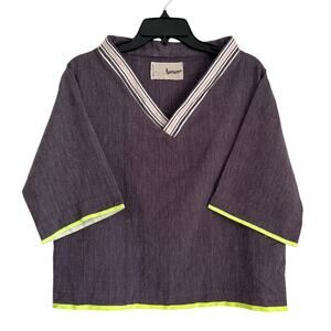 NWOT lemlem V-Neck Top, Charcoal w/ Neon Trim, Relaxed Fit, Women's Size Medium